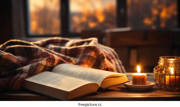 A cozy reading nook with a book, blanket, and candle