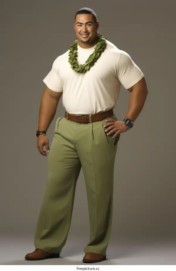 Muscular Man in White Shirt and Green Pants with Lei Necklace