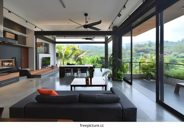 Modern Interior Design Living Room With View Of Tropical Landscape