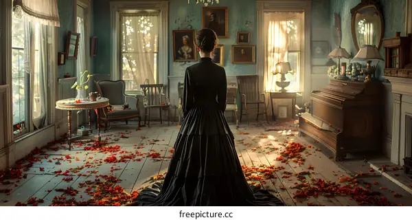 Woman in black dress standing in a room with red leaves on the floor