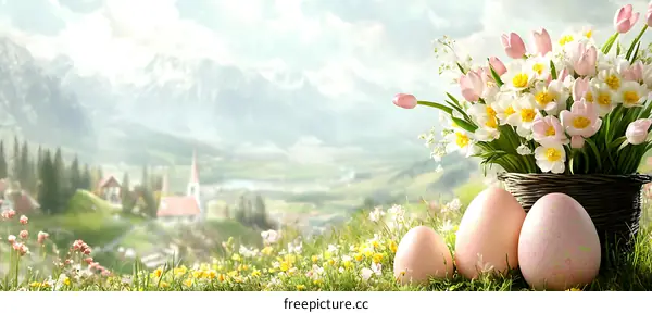 Springtime Easter Scene with Flowers and Eggs