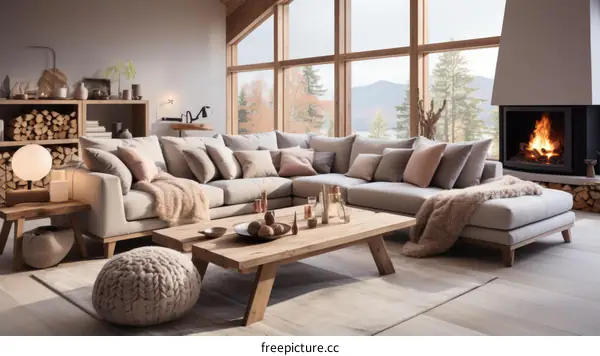 A cozy living room with a fireplace and a view of the mountains