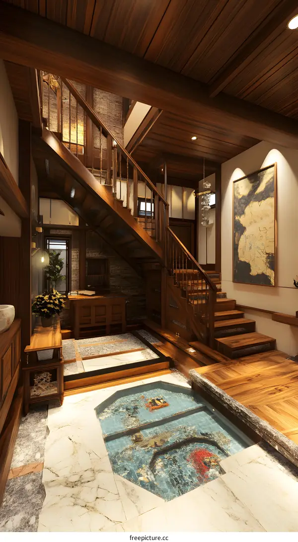 Interior Design of a Modern Home with Wooden Staircase and Water Feature