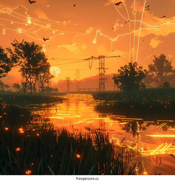 sunset over the lake with the silhouette of trees and electric towers