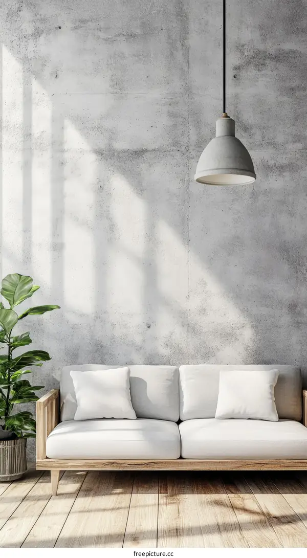 Modern Concrete Wall Living Room with Wooden Sofa