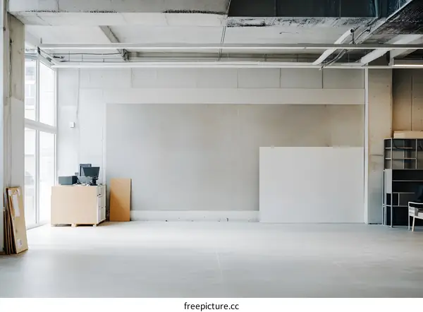 Empty White Room with Concrete Walls and Large Window