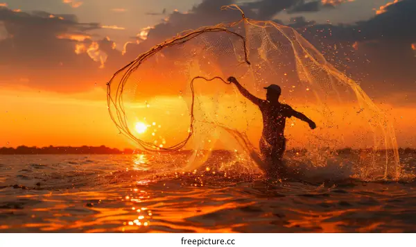 Fisherman casting net at sunset