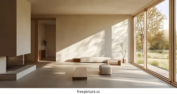 Minimalist Living Room Interior Design With Large Window And Natural Light