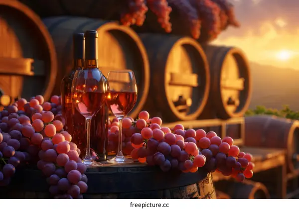 Two glasses and a bottle of red wine on a wooden barrel with a sunset in the background