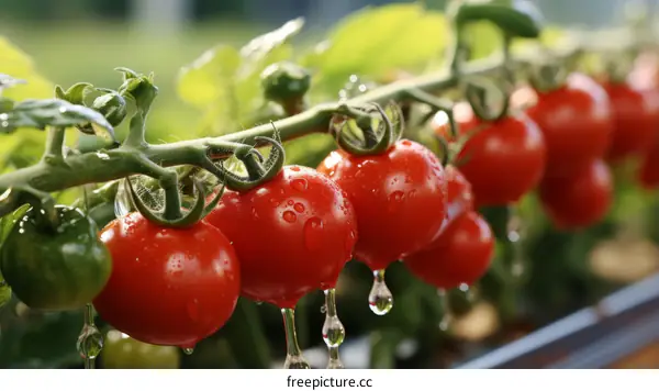 Ripe Tomatoes on the Vine with Water Drops