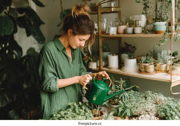 Woman Watering Plants in a Greenhouse