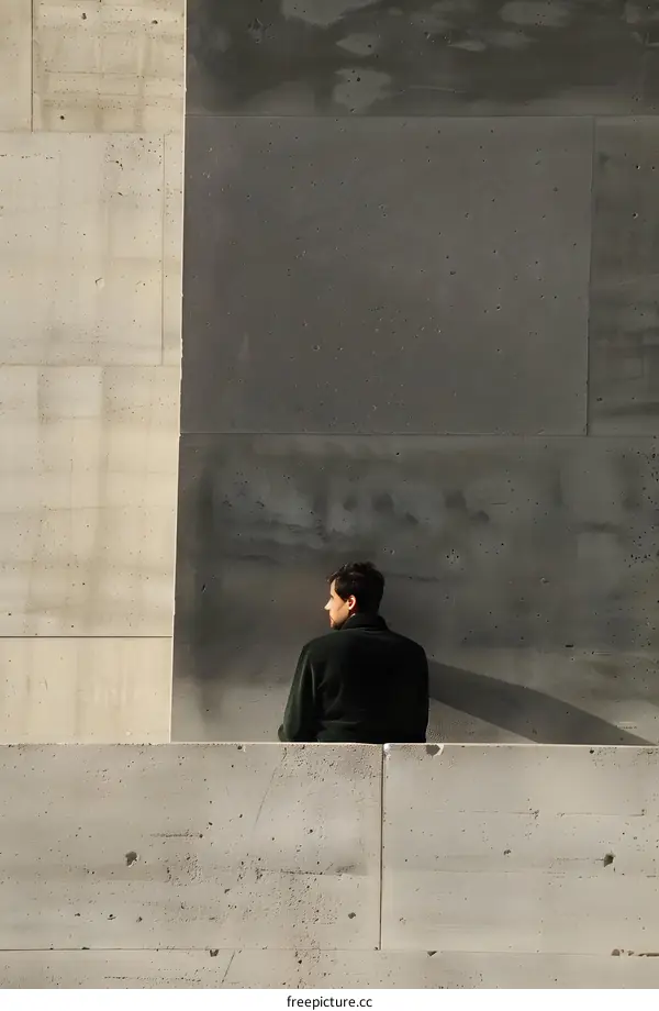 Man Sitting on Concrete Wall with Grey Background