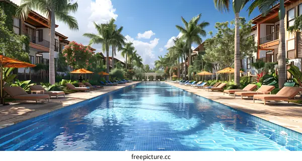 Palm trees and blue sky at a tropical resort