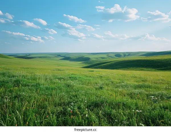 Vast Green Grasslands Undulate Beneath a Blue Sky with White Clouds