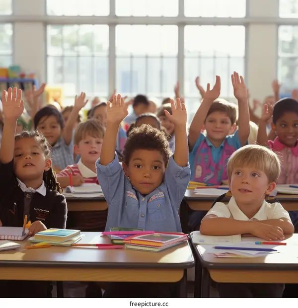 Children raising their hands in a classroom
