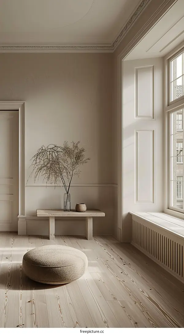 Elegant room interior with large windows and a stylish ottoman