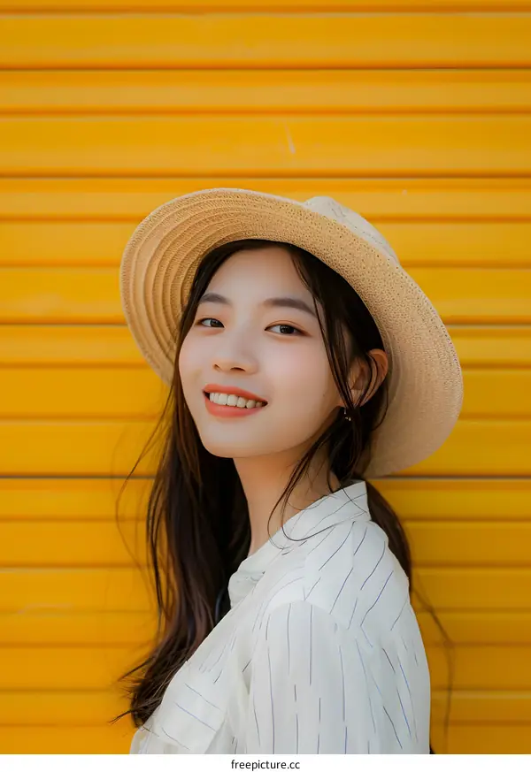 Smiling Asian Woman in Straw Hat Against Yellow Wall