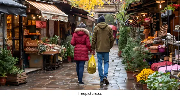 Couple Walking Through European Market Street