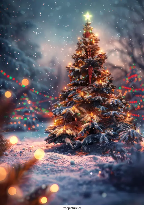 Christmas Tree Shining Brightly in the Snowy Night