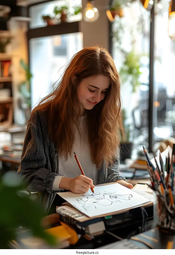 Young Woman Drawing in a Cafe