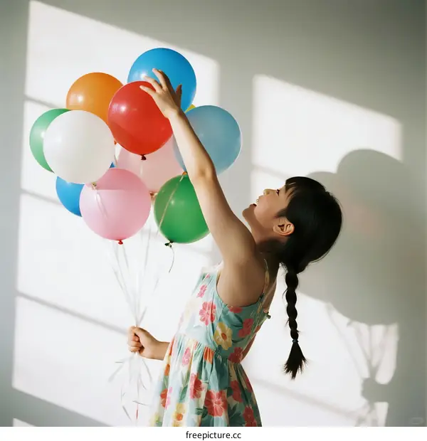 A Little Girl Holding Colorful Balloons in a Bright Room