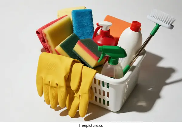 Assortment of cleaning supplies including gloves sponges and bottles