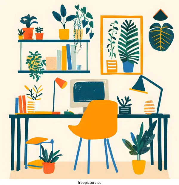 Hand Drawn Illustration of a Home Office with Plants and Books