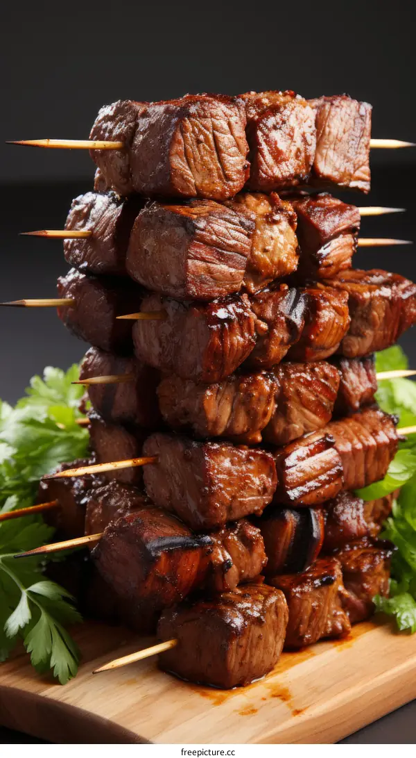 Beef tenderloin skewers stacked on wooden skewers
