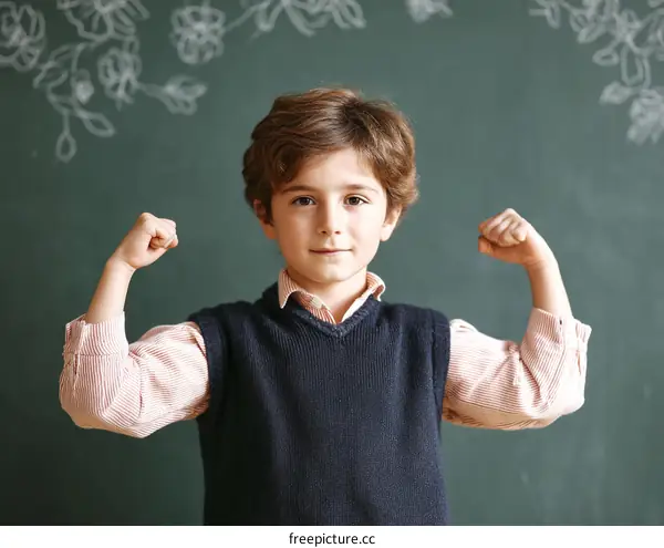Proud Schoolboy Showing Strength Against Chalkboard Background