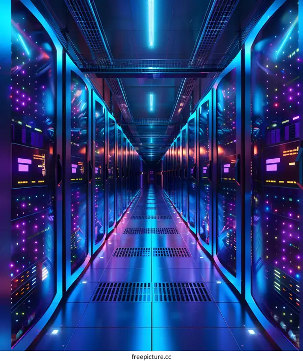 Futuristic Sci-Fi Data Center With Glowing Purple Neon Lights