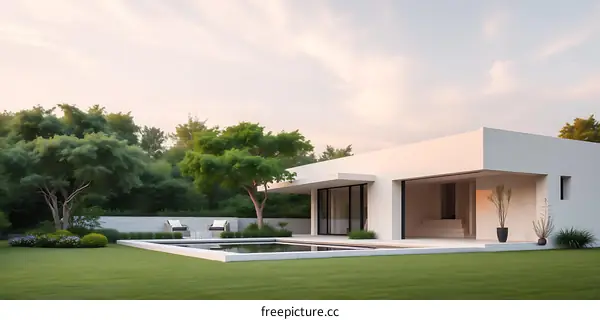 Modern Minimalist Home with Pool and Lush Greenery