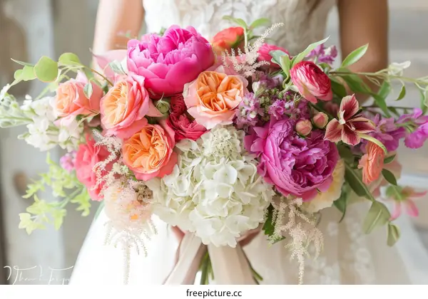 A bride holding a bouquet of colorful flowers
