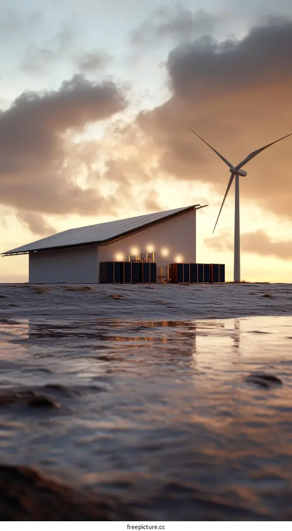Modern Eco-Friendly House with Solar Panels and Wind Turbine at Sunset