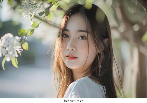 Portrait of a Young Asian Woman with White Flowers