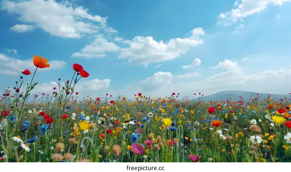 Colorful Wildflowers Field Under Blue Sky