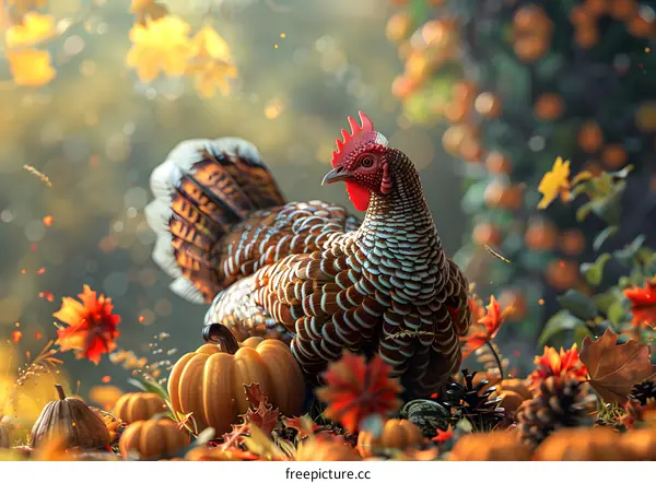 A turkey standing next to a pumpkin, surrounded by fallen autumn leaves