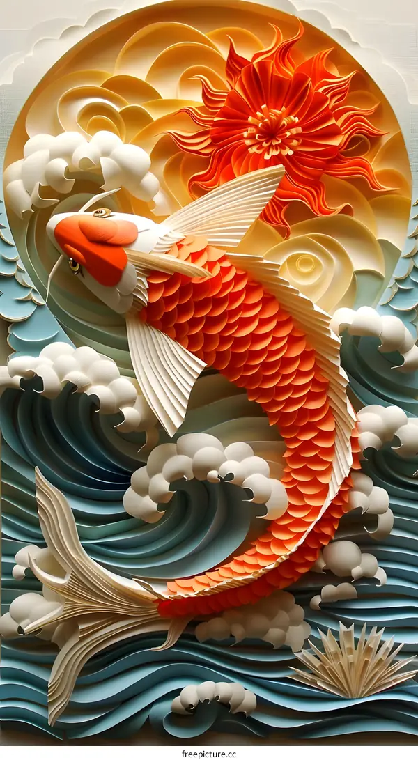 A 3D illustration of a koi fish made of paper with a white background