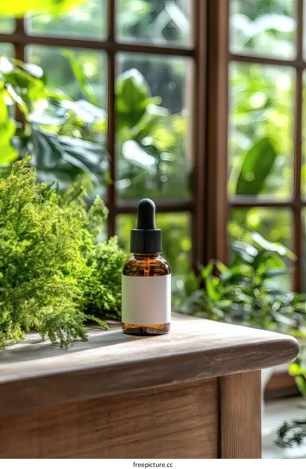 Botanical Essence Bottle on Wooden Surface by the Window