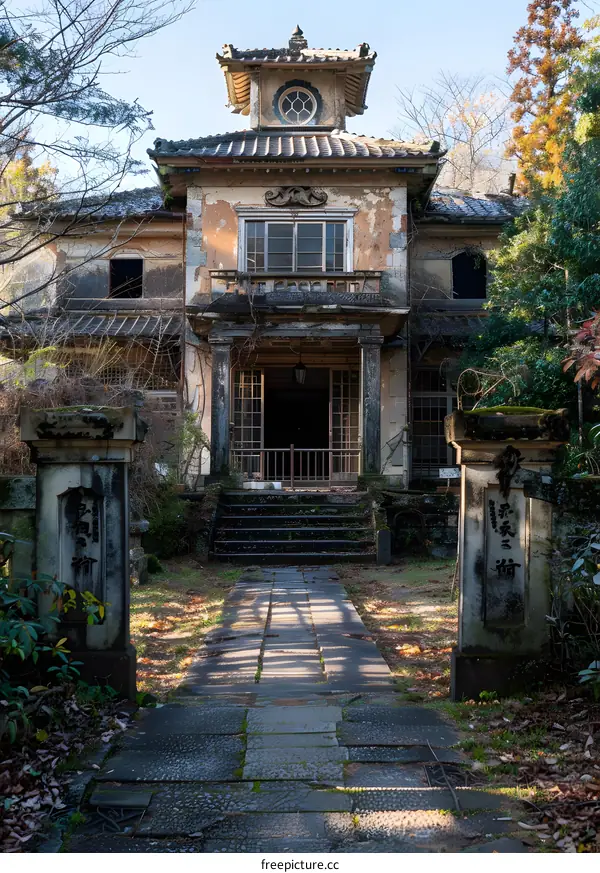 Rundown traditional Japanese house with stone lanterns and overgrown plants