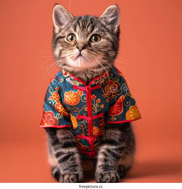 A cute tabby kitten wearing a blue and red cheongsam with floral patterns