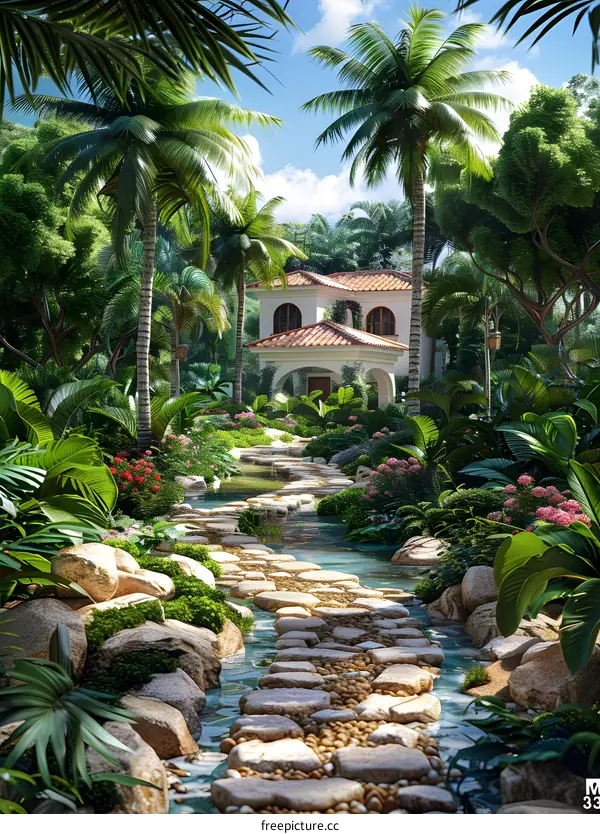 A luxurious mansion surrounded by palm trees