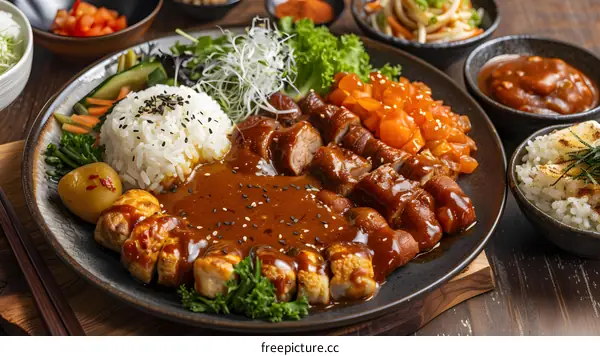 A delicious Japanese meal with rice, meat, and vegetables