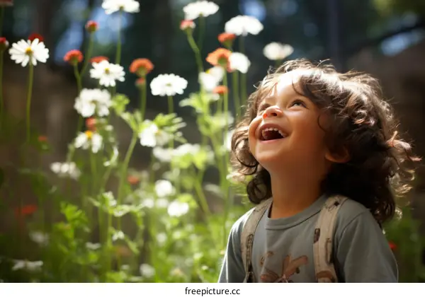 Toddler laughing in a field of flowers
