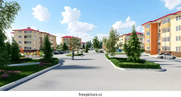 Modern Apartment Complex with Green Spaces and Parking Lots