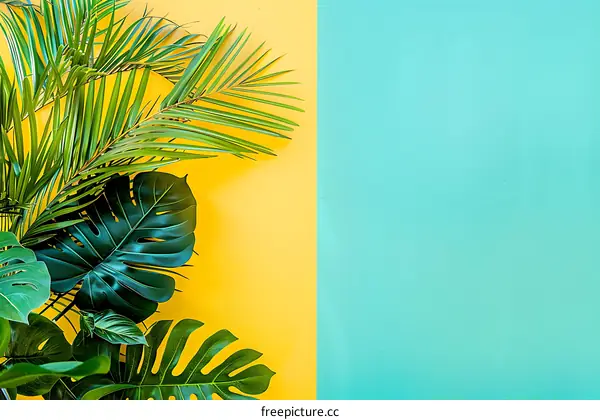 Tropical Leaves on Yellow and Blue Background