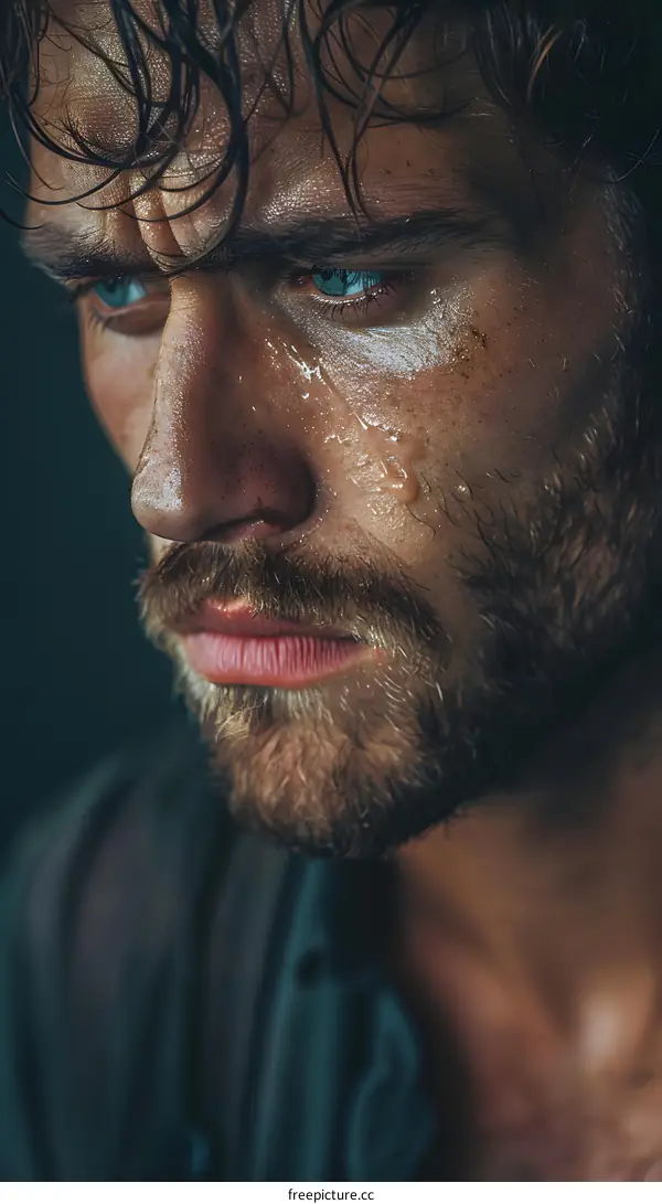 Close Up Portrait of Sweaty Man with Blue Eyes
