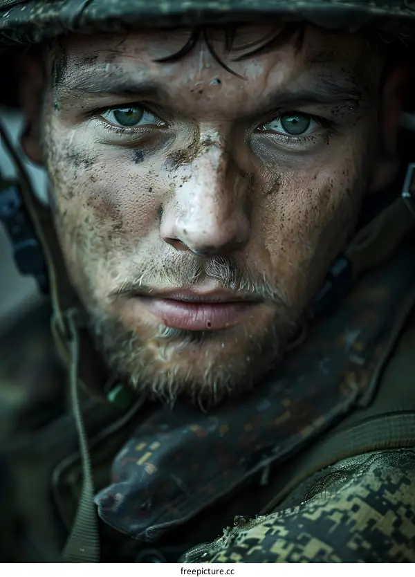 Portrait of a soldier with green eyes