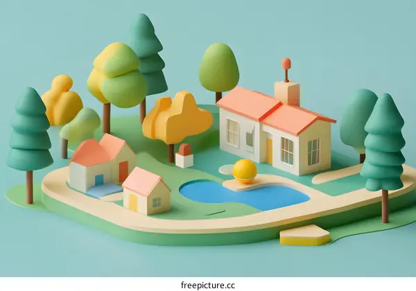 3D Illustration of a Colorful Little Village