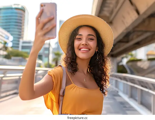 Young Woman Taking Selfie in City