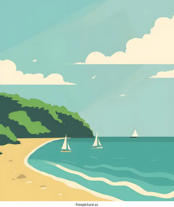 Summer Coastline Illustration with Blue Sky and Sailboats